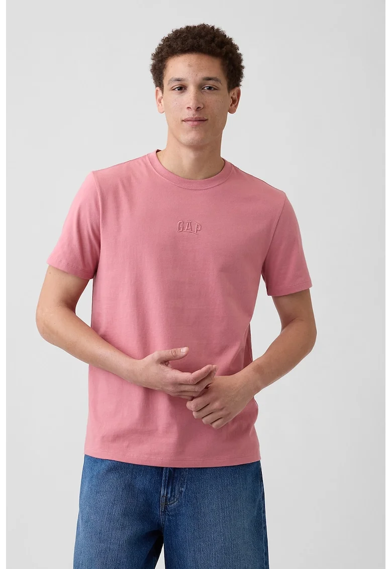 Tricou din bumbac cu decolteu la baza gatului, Roz prafuit