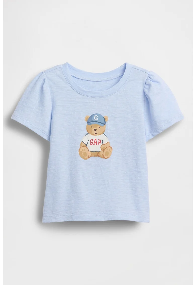 Tricou cu maneci bufante si imprimeu, Albastru deschis