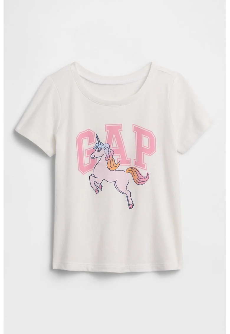 Tricou cu imprimeu logo si decolteu rotund, Alb/Roz