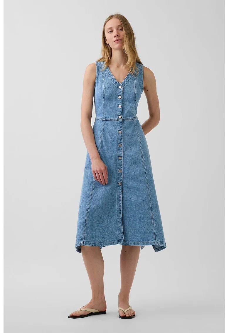 Rochie din denim cu decolteu in V, Albastru pastel