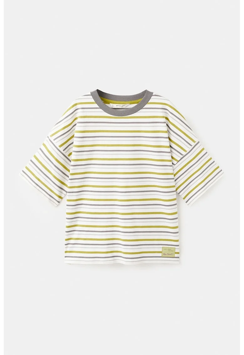 Tricou cu model in dungi si maneci cazute, Alb/Verde lime/Gri inchis