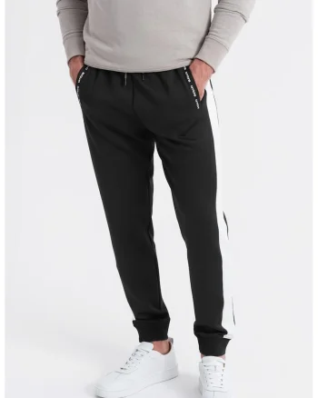 Pantaloni de trening cu segmente laterale contrastante, Alb/Negru