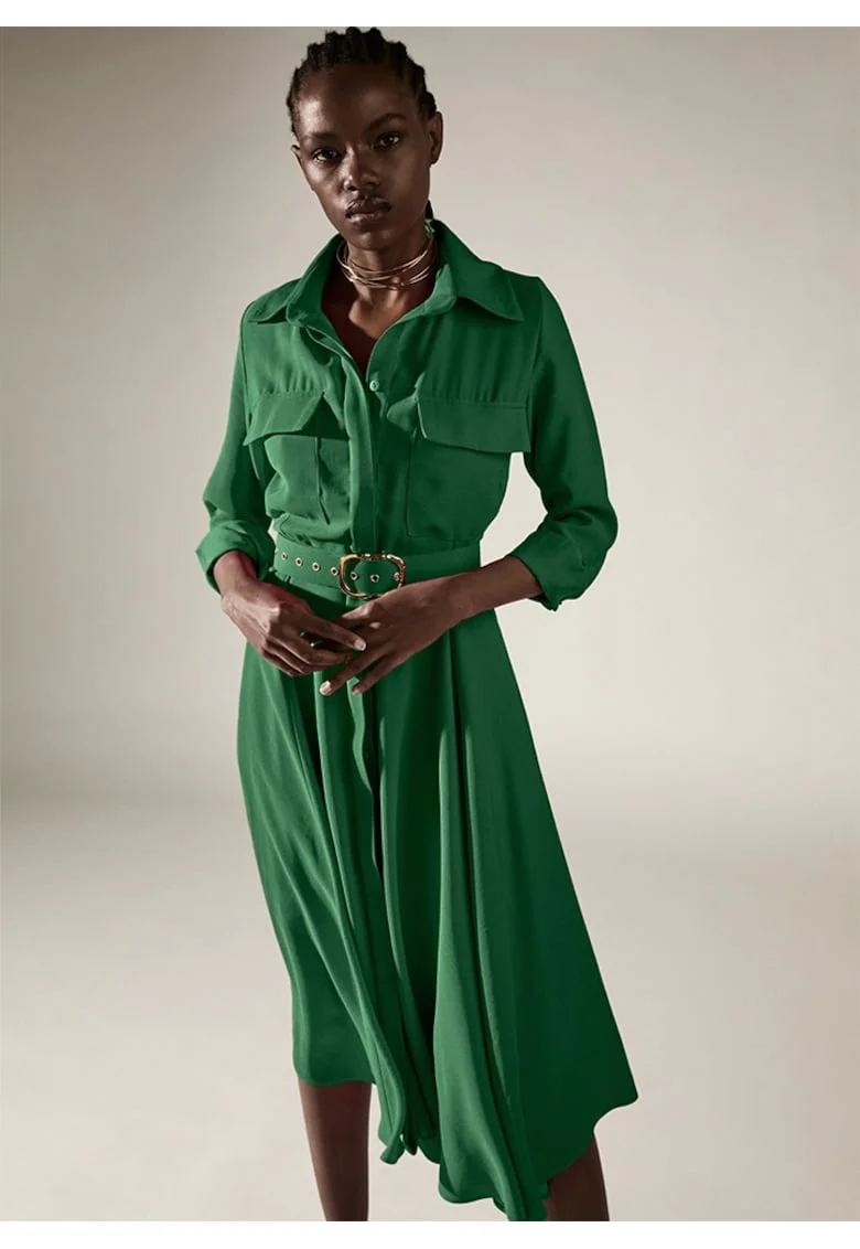 Rochie-camasa evazata cu o curea in talie Patty, Verde,