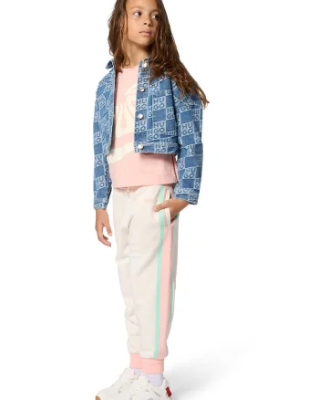 Jacheta crop de denim cu model logo, Albastru prafuit/Alb murdar