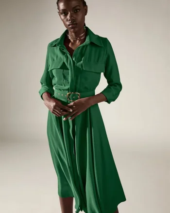 Rochie camasa midi cu fusta ampla si curea asortata Patty, Verde padure