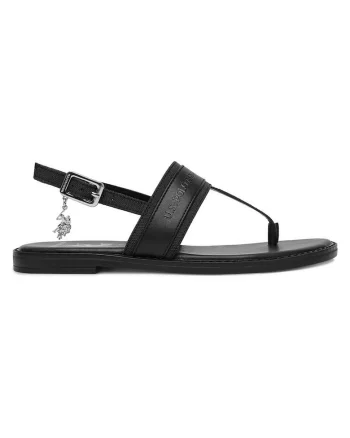 Sandale dama,  negru, textil, cu catarama,