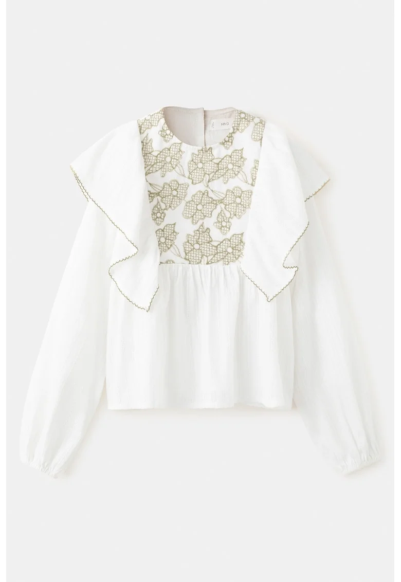 Bluza din bumbac cu aplicatii cu volane, Alb/Kaki