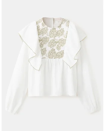 Bluza din bumbac cu aplicatii cu volane, Alb/Kaki