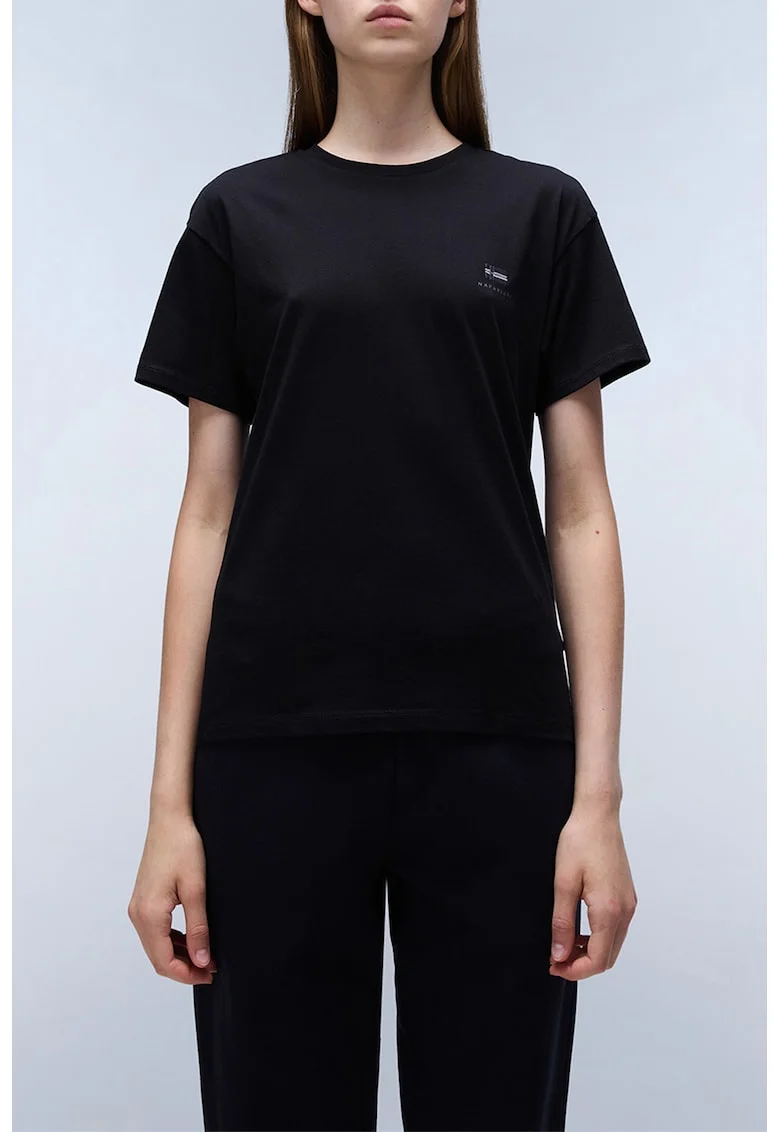Tricou de bumbac cu decolteu la baza gatului Nina, Negru
