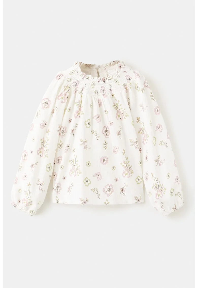 Bluza cu model floral si detaliu cu insertie elastica, Alb/Roz