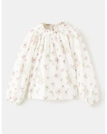 Bluza cu model floral si detaliu cu insertie elastica, Alb/Roz