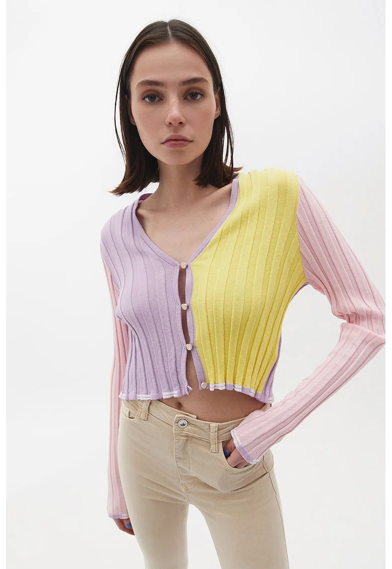 Cardigan crop cu model colorblock si decolteu in V, Galben/Lila pal
