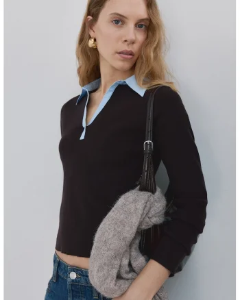 Pulover tricotat fin cu guler clasic, Maro inchis