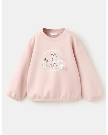 Bluza de trening lejera cu imprimeu si maneci cazute, Roz