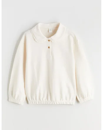 Bluza de bumbac cu terminatii elastice, Crem