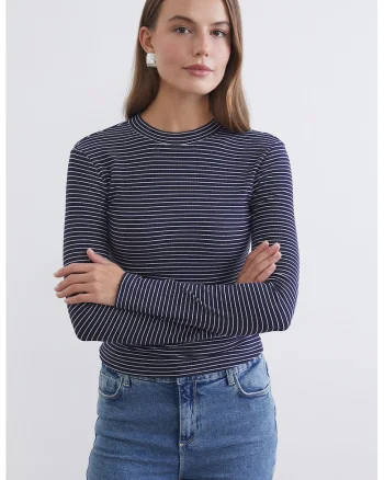 Bluza slim fit in dungi, Alb/Bleumarin