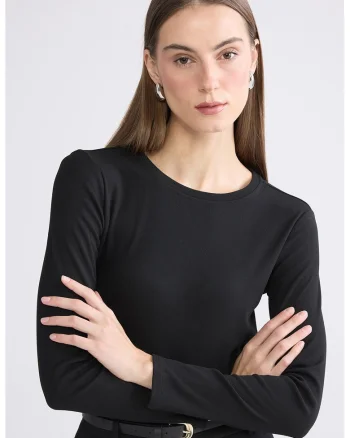Bluza slim fit cu decolteu rotund, Negru