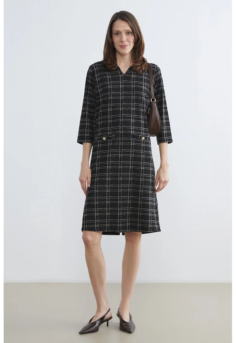 Rochie midi in carouri, Negru/Crem