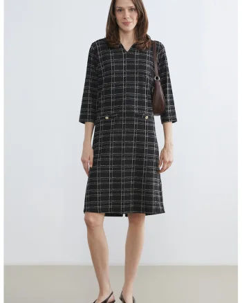 Rochie midi in carouri, Negru/Crem