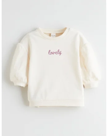 Bluza de trening cu text brodat pe fata, Crem