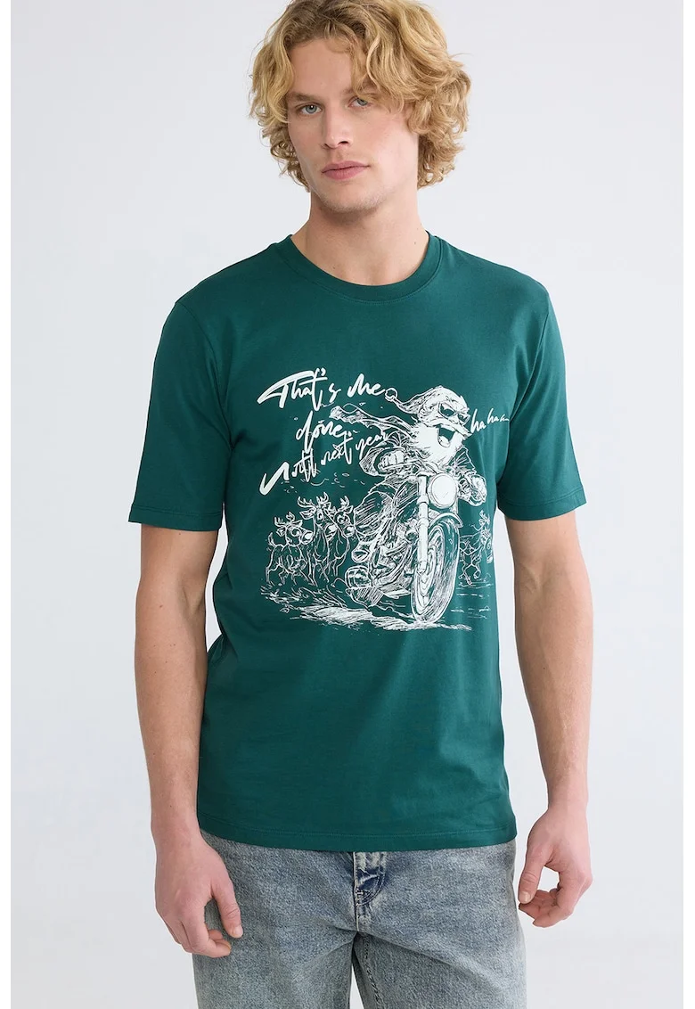 Tricou de bumbac cu imprimeu, Verde inchis