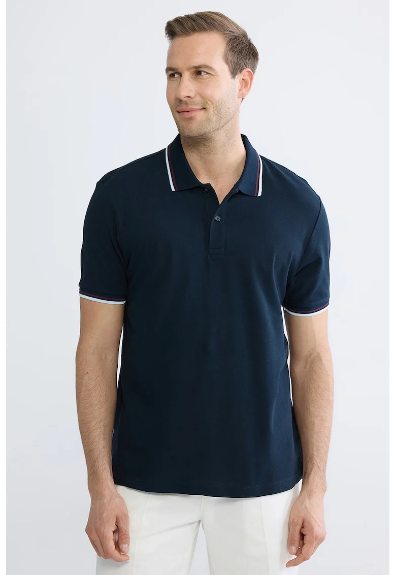 Tricou polo de bumbac cu linii contrastante, Bleumarin
