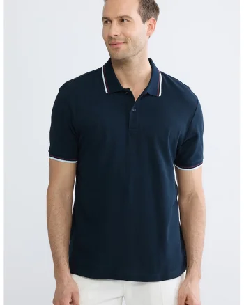 Tricou polo de bumbac cu linii contrastante, Bleumarin
