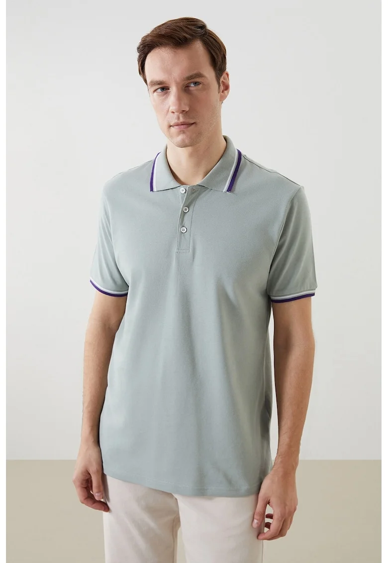 Tricou polo de bumbac cu linii contrastante, Verde pal