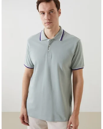 Tricou polo de bumbac cu linii contrastante, Verde pal