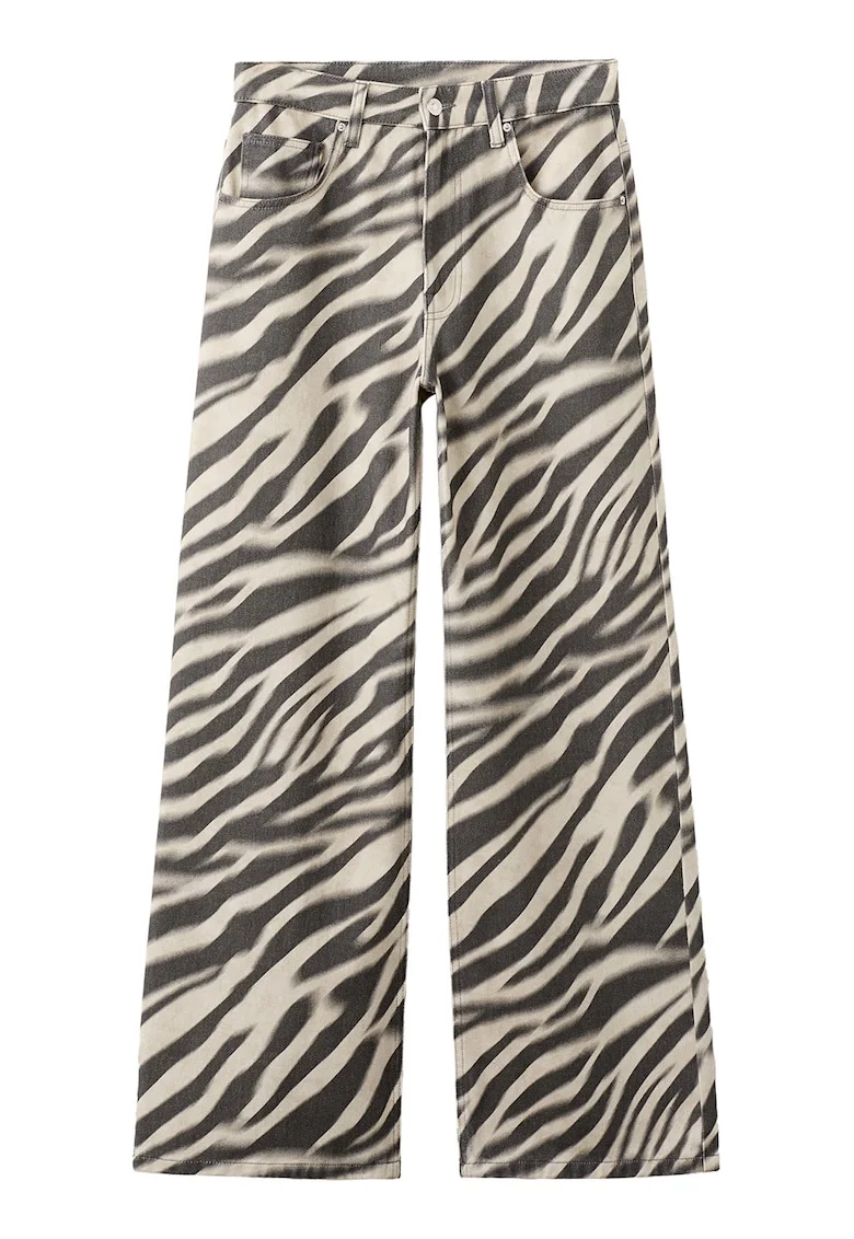 Blugi cu croiala ampla si imprimeu zebra, Alb fildes/Negru