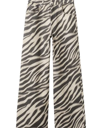 Blugi cu croiala ampla si imprimeu zebra, Alb fildes/Negru