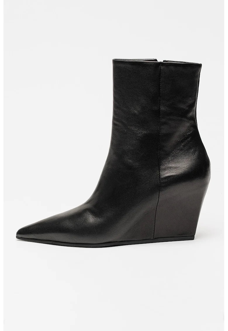 Botine din piele cu talpa wedge, Negru