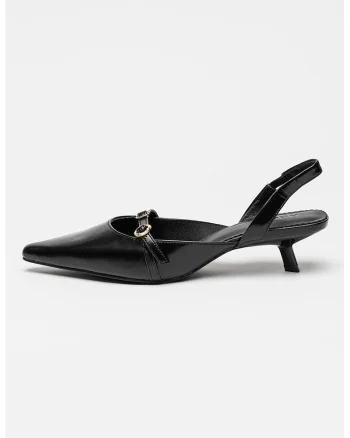 Pantofi slingback din piele cu varf ascutit si toc kitten, Negru