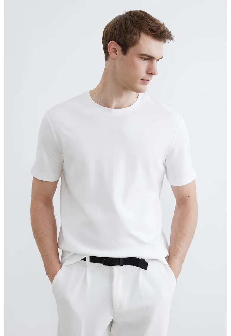 Tricou uni din bumbac cu decolteu rotund, Alb