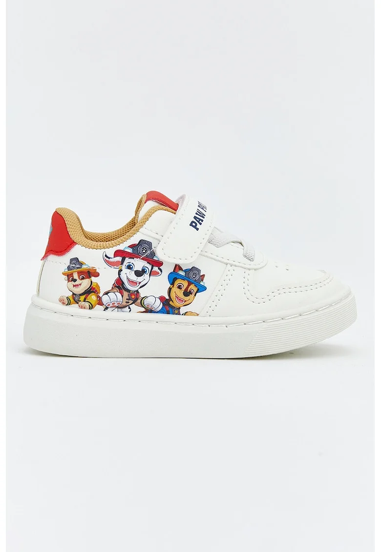 Pantofi sport din piele ecologica cu sireturi elastice si imprimeu desene animate, Alb