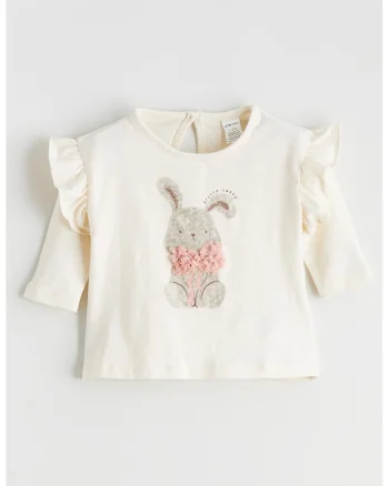Bluza din amestec de bumbac cu detaliu volan, Crem