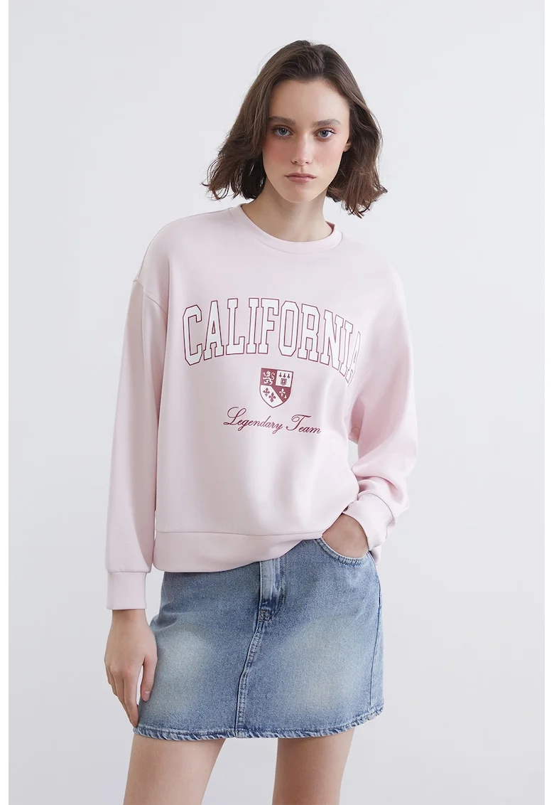 Bluza de trening cu imprimeu text, Roz deschis