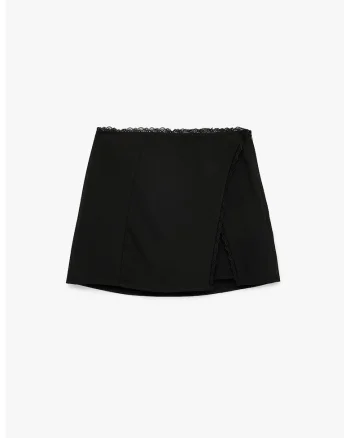 Fusta mini cu captuseala din dantela si slit lateral, Negru