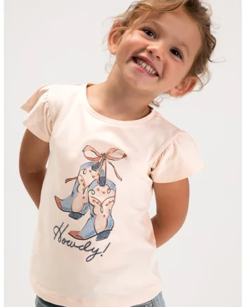 Tricou din amsetec de bumbac cu maneci fluture, Piersica