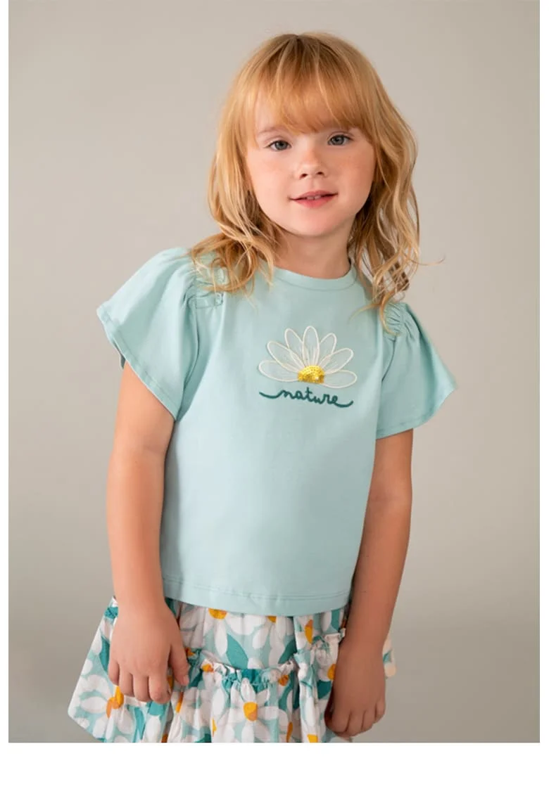 Tricou cu maneci fluture si detalii brodate, Albastru glaciar
