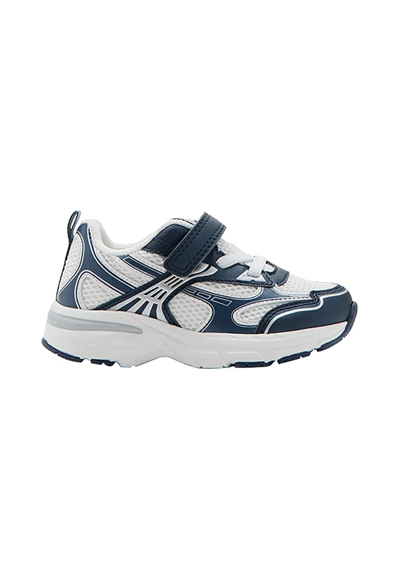 Pantofi sport cu inchidere velcro si insertii din plasa, Alb/Bleumarin