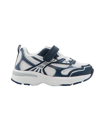 Pantofi sport cu inchidere velcro si insertii din plasa, Alb/Bleumarin