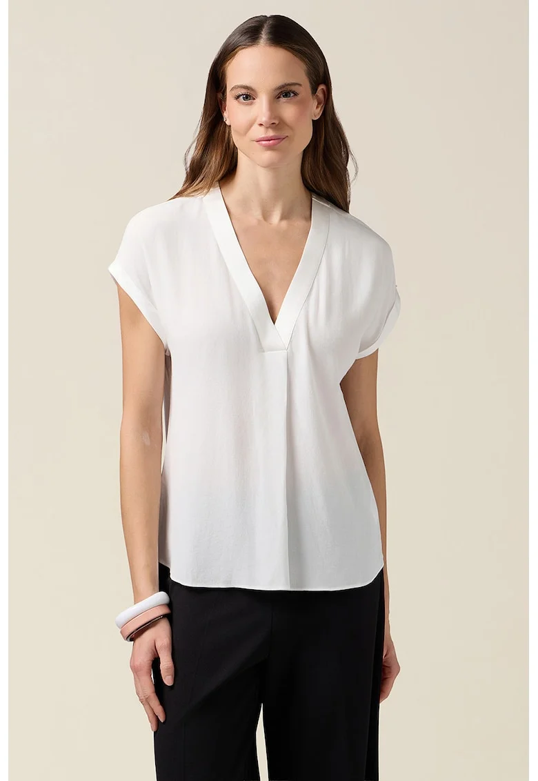 Bluza cu decolteu in V si model uni, Alb