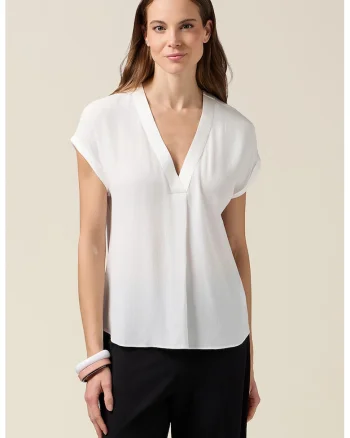 Bluza cu decolteu in V si model uni, Alb