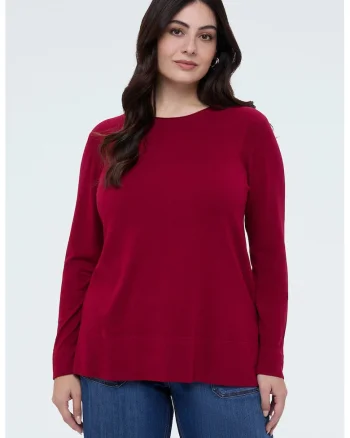 Pulover cu decolteu la baza gatului si model uni, Rosu inchis