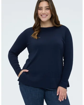 Pulover cu decolteu la baza gatului si model uni, Bleumarin