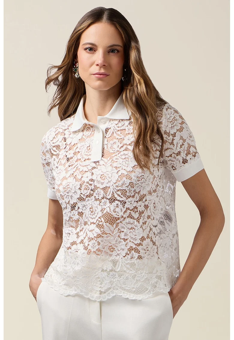 Tricou polo cu perforatii si broderie, Alb