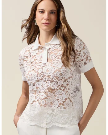 Tricou polo cu perforatii si broderie, Alb