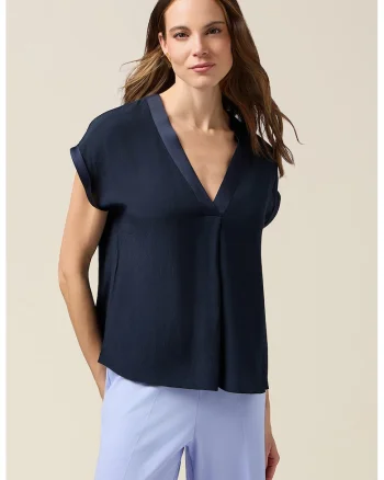 Bluza cu decolteu in V si model uni, Albastru ultramarin