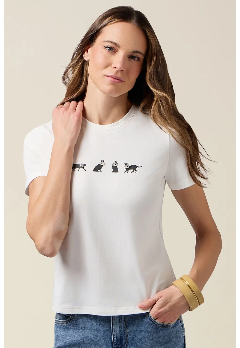 Tricou cu decolteu la baza gatului si detalii cu pisica, Alb/Negru